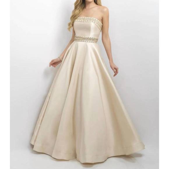 NEW BLUSH PROM mikado strapless evening gown in sand
